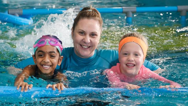 Jump Swim School recently had an application to expand their businesses in Torquay rejected. Pic shows Instructor Kylie Stuart with Ira 5 ( left ) and Aubree 5 at their Armstrong Creek pool. Picture: Mark Wilson