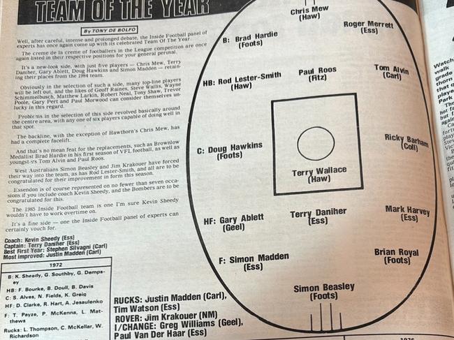 The 'lost' 1985 VFL Team of the Year as picked by Inside Football.