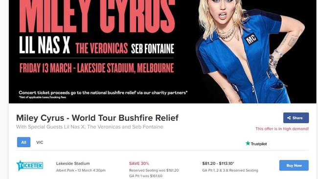 Miley Cyrus tickets were discounted on website Last Tix. Pic: Supplied