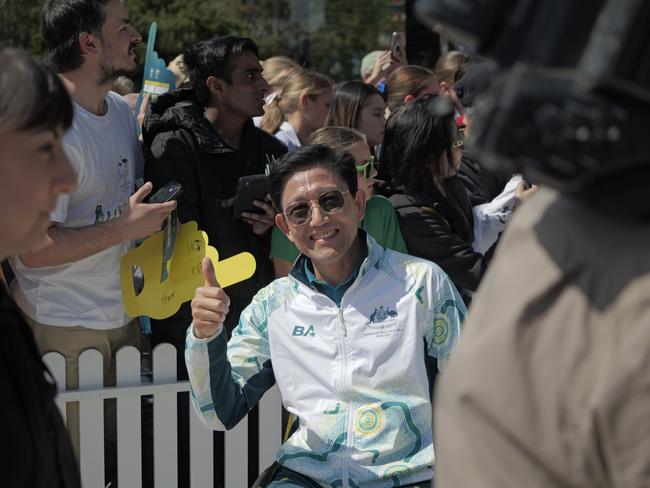 Jimmy Huo lapping up the celebrations at the Welcome Home Celebration at Tumbalong Park. Picture: Ikko Ehode Arimoto