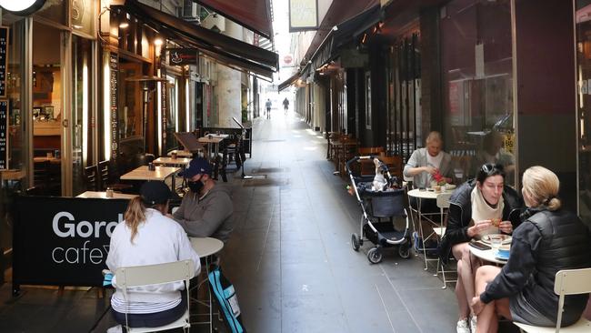 Melbourne’s laneway dining has reopened after a long COVID lockdown. Picture: David Crosling