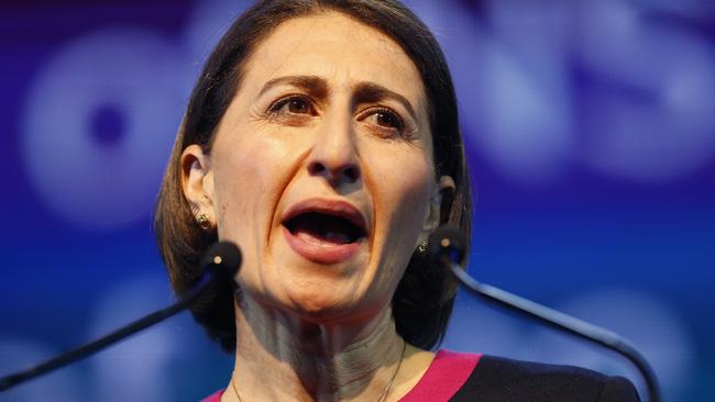 Gladys Berejiklian’s focus in her launch speech on schools and hospitals. Picture: David Swift.