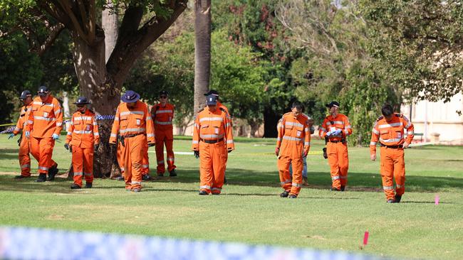 Police, Detectives and SES members at Brougham Gardens, Brougham Place, Adelaide where the death of a man is being investigated. Picture: Emma Brasier