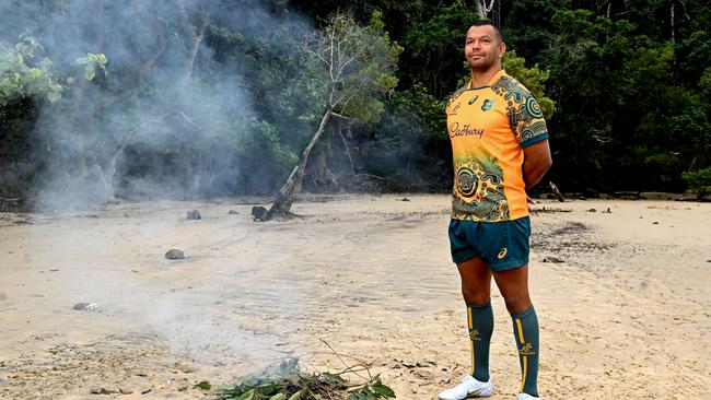 Kurtley Beale wears a Wallabies Indigenous jersey on the Gold Coast. Picture: Bradley Kanaris/Getty Images