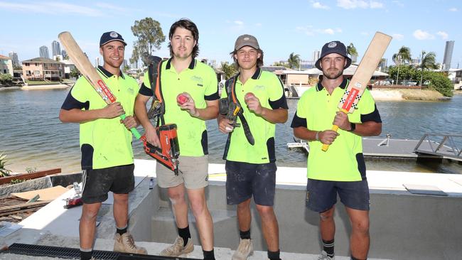 Broadbeach Cricket players Zach Hayes,Cam Gallagher, Connor Rowley and Captain Trent Keep at work with their cricket gear to promote the club's mental health program that has begun since the death of Gold Coast cricket member Trent Walters by suicide. Picture: Glenn Hampson