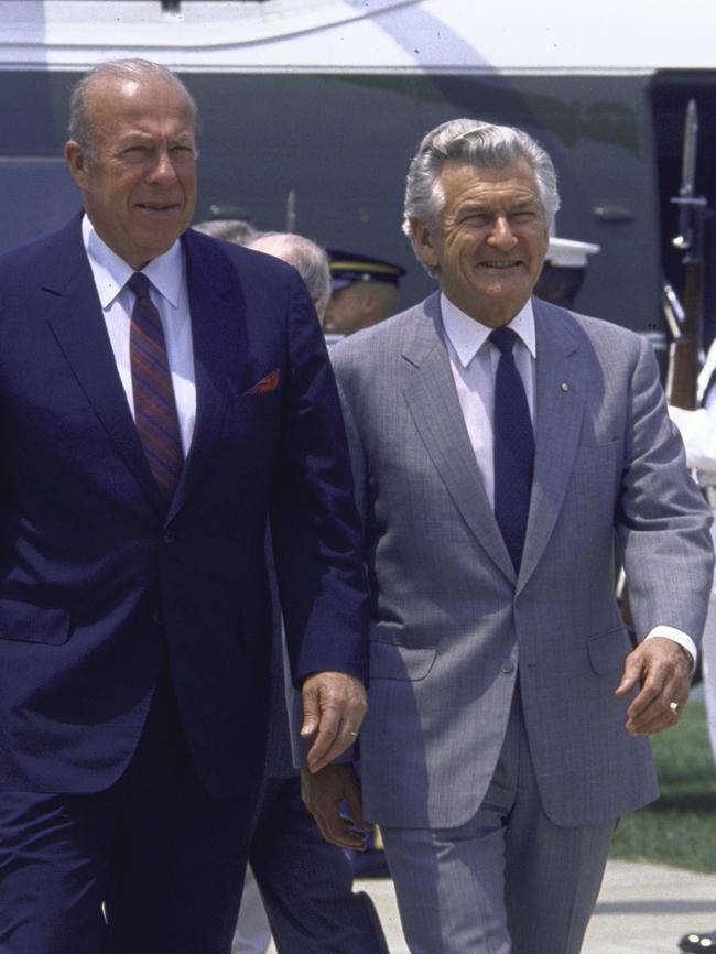 US secretary of state George P. Shultz, left, with Bob Hawke. Picture: Getty Images