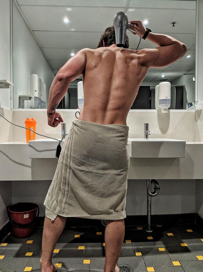 A common sight at the gym these days: the hair-dryer body-dry. Picture: Adrian Fowler Instagram: @adrian__fowler