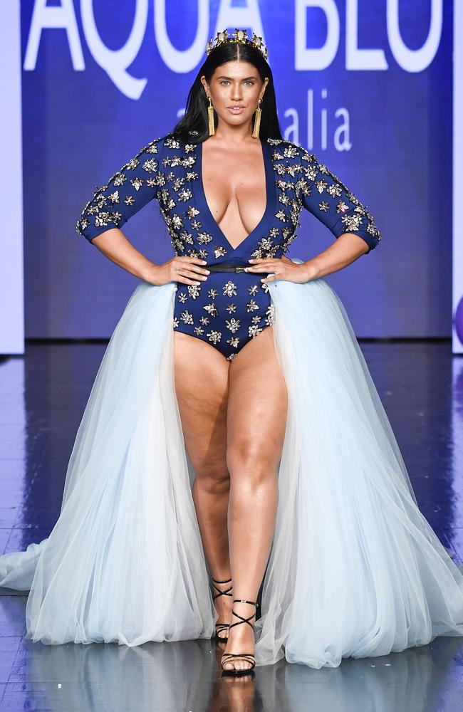 Aussie model Letitia Thomas walks the runway for Aqua Blu Swim. Picture: Getty