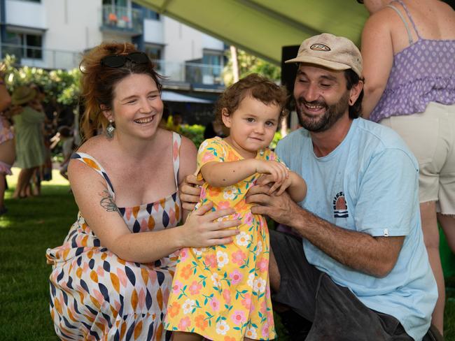 DARWIN, AUSTRALIA Sunday, 31 December, 2023:DARWIN NEW YEARS EVE 2023 Jayde Evison-Rose, Josh Maher and Summer pose for a photo at Darwin Waterfront. Picture: Pema Tamang Pakhrin