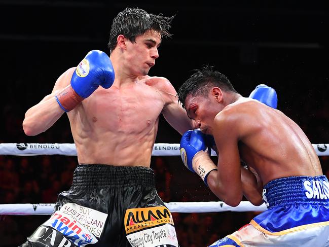 Brock Jarvis lands a punch to Ernesto Sailing during their super bantamweight bout on the Zerafa/Horn undercard at Bendigo Stadium on August 31, 2019. Picture: Quinn Rooney/Getty Images