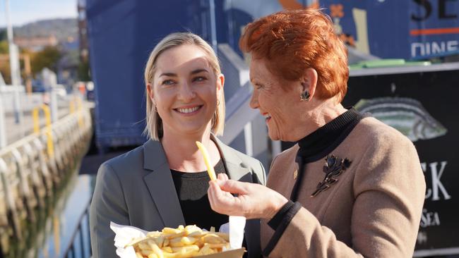 Senator Pauline Hanson with One Nation’s lead Senate candidate, her daughter Lee Hanson, on the campaign trail in Tasmania. Picture: Facebook