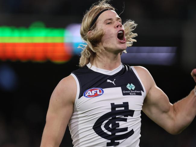 ADELAIDE, AUSTRALIA - MAY 30: Tom De Koning of the Blues celebrates a goal during the 2024 AFL Round 12 match between the Port Adelaide Power and the Carlton Blues at Adelaide Oval on May 30, 2024 in Adelaide, Australia. (Photo by James Elsby/AFL Photos via Getty Images)