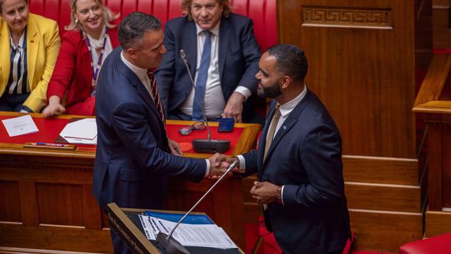 Premier Peter Malinauskas shakes the hand of Leeroy Bilney following the inaugural address. Picture: NewsWire/ Ben Clark