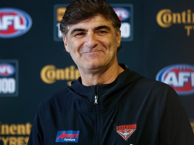 MELBOURNE, AUSTRALIA - OCTOBER 09: Adrian Dodoro, General Manager - List & Recruiting of the Bombers speaks with media during the 2023 Continental Tyres AFL Trade Period at Marvel Stadium on October 09, 2023 in Melbourne, Australia. (Photo by Michael Willson/AFL Photos via Getty Images)