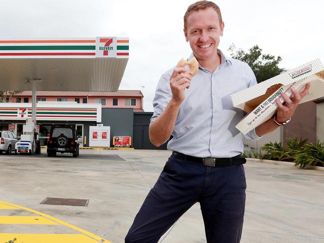 Commercial real estate agent Hudson Dale poses outside of a 7-Eleven store he negotiated the lease for in Gaythorne. He says new developments should provide more car parks for their retail tenants. Picture: Sarah Marshall