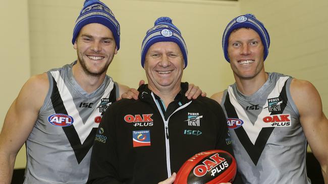 Jack Watts with coach Ken Hinkley and former Port Adelaide teammate Brad Ebert.