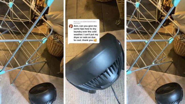 The hack involves using a fan heater to dry clothes inside. Images: TikTok / @annrussell03