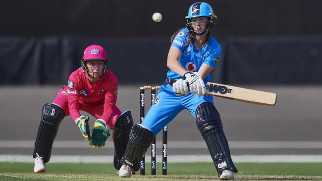 Adelaide’s Amanda-Jade Wellington attempts a reverse sweep. Picture: Brett Hemmings/Getty Images