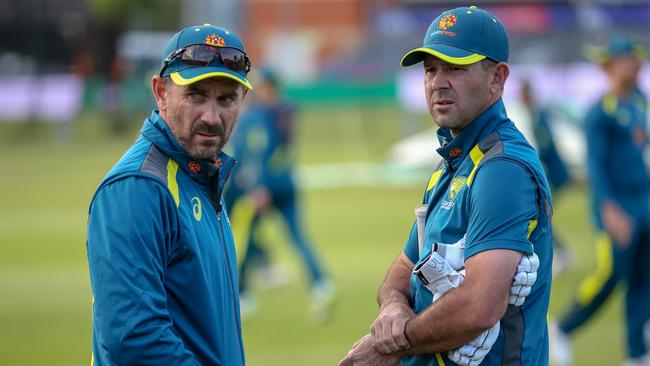 Head coach of Australia, Justin Langer talks to Former player Ricky Ponting during the Australia Nets Session at Bristol County Court. Picture: Luke Walker/Getty Images