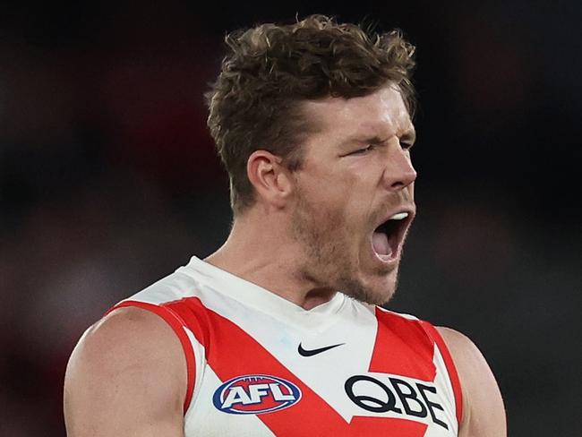 MELBOURNE, AUSTRALIA - AUGUST 16: Luke Parker of the Swans celebrates kicking a goal during the round 23 AFL match between Essendon Bombers and Sydney Swans at Marvel Stadium, on August 16, 2024, in Melbourne, Australia. (Photo by Daniel Pockett/Getty Images)