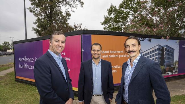 Simon Heazlewood (Director of Cornerstone Building Developments) with Mena Abdel Messih and Sam Ledger, Octa Medical Directors who will be moving into the new location. Picture: AAP/Image Matthew Vasilescu.