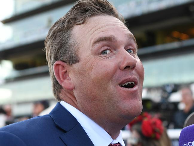 Trainer Ben Smith after jockey Damian Lane won race 6, the Inglis Sires on El Dorado Dreaming during The Championships Day 1 at Royal Randwick Racecourse in Sydney, Saturday, April 7, 2018. (AAP Image/David Moir) NO ARCHIVING, EDITORIAL USE ONLY