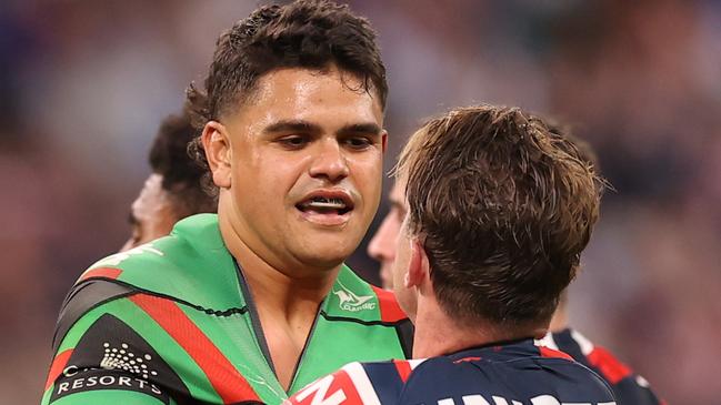 Latrell Mitchell scuffles with Connor Watson. Picture: Mark Kolbe/Getty Images