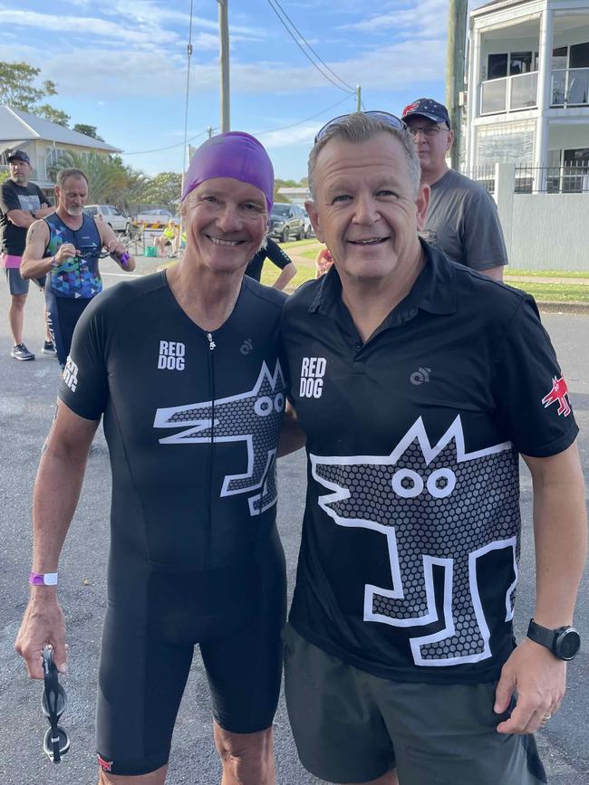 Steve Mann and Scott Gemmell at the Hervey Bay 100 Triathlon on Sunday, November 26, 2023.