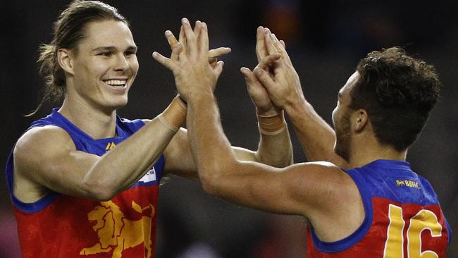 Eric Hipwood celebrates a goal with Cam Rayner. Picture: AAP