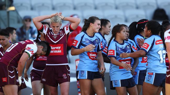 NSW's Jessica Sergis after scoring her third try during the NSW v QLD Interstate Challenge at WIN Stadium, Wollongong. Pic: Brett Costello