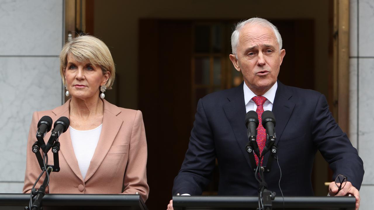 Under siege: Malcolm Turnbull addresses the media with deputy Julie Bishop after a leadership challenge on Tuesday. Picture: Kym Smith