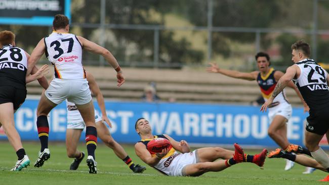 Adelaide’s Myles Poholke wasn’t down for long against Port. Picture: Russell Millard/AAP