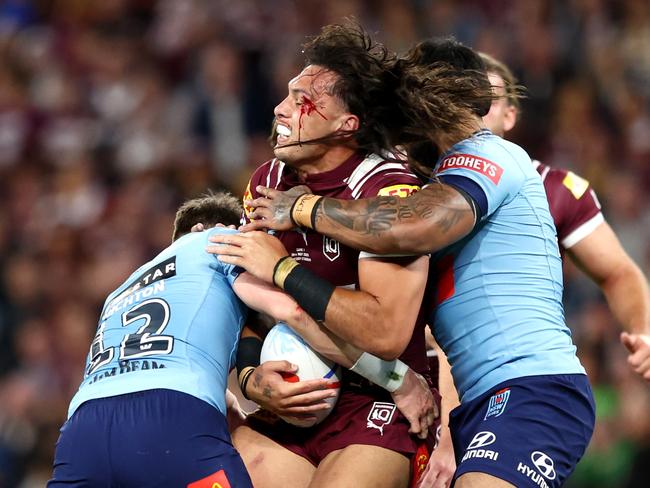 Tino Fa'asuamaleaui was battered and bruised after Origin I. Picture: Getty Images