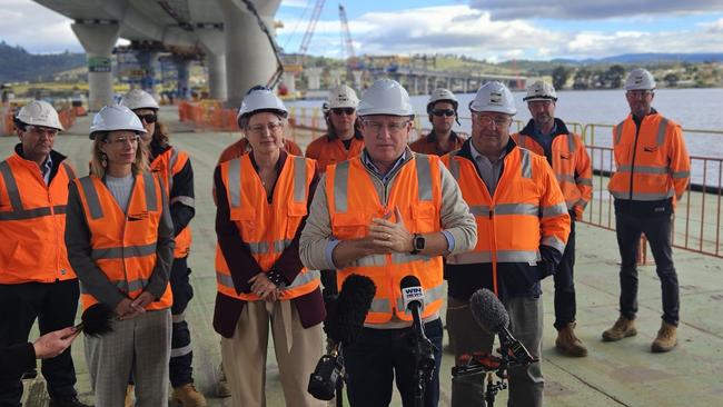 Premier Jeremy Rockliff with state and federal MPs at the Bridgewater Bridge site on Monday, December 2, 2024.