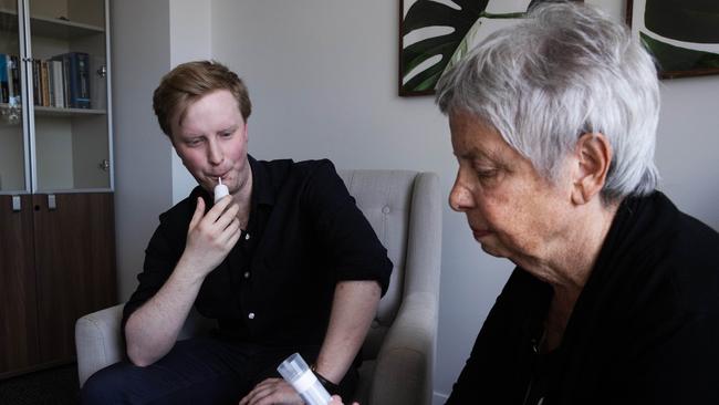 Vaper Alex Mobberley uses the test kit developed by respiratory physiologist Renee Bittoun to check his nicotine levels. Picture: John Feder/The Australian