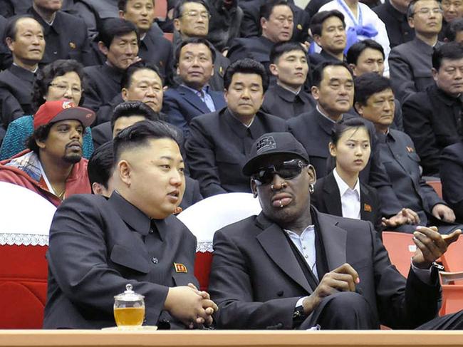 North Korean leader Kim Jong-Un and former NBA star Dennis Rodman at a basketball game in Pyongyang in 2013. Picture: KCNA/AFP