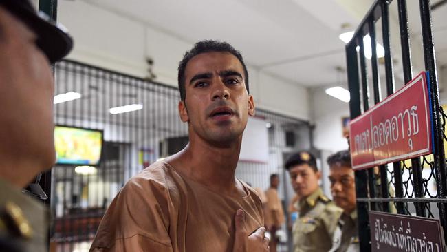 Hakeem al-Araibi, a Bahraini refugee and Australian resident, is escorted to a courtroom in Bangkok. Picture: AFP