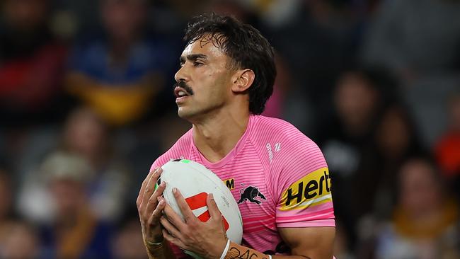 SYDNEY, AUSTRALIA - AUGUST 09: Daine Laurie of the Panthers catches the ball during the round 23 NRL match between Parramatta Eels and Penrith Panthers at CommBank Stadium, on August 09, 2024, in Sydney, Australia. (Photo by Jeremy Ng/Getty Images)