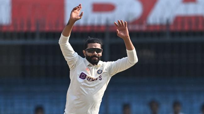 Ravi Jadeja reacts to a missed opportunity.