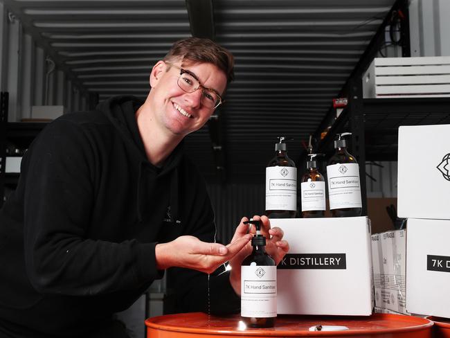 Tyler Clark, owner of 7K Distillery based at Brighton, has started producing hand sanitiser made with high-grade ethanol. Picture: NIKKI DAVIS-JONES