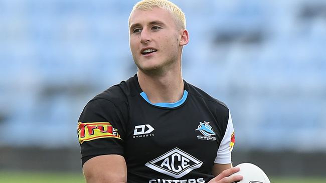 Bronson Xerri of the Sharks during an NRL training session in Sydney, Wednesday, May 20, 2020. (AAP Image/Joel Carrett) NO ARCHIVING