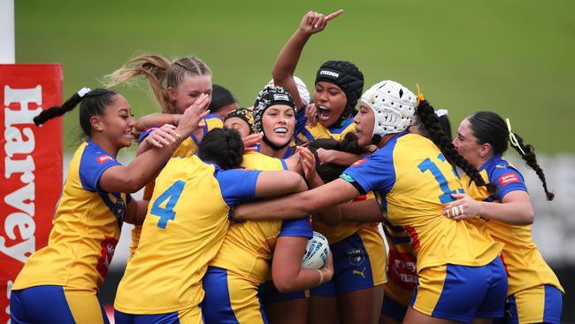 City celebrate a try in the women's U17 match. Picture: Bryden Sharp