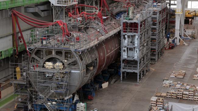 A Barracuda class submarine under construction at DCNS’ shipyards in Cherbourg, France.