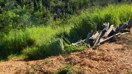 Woodchip spilled down the embankment when the truck crashed yesterday afternoon. Photo: Frances Klein