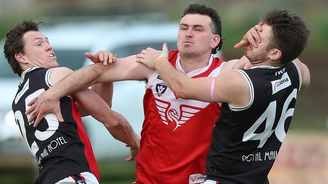 Colac & District FNL, Round 15, Alvie Swans V Birregurra Saints, at Alvie, Dominic Dare, 26, (C), Alvie  &  Mitch Russell, 25, Kyle Davis, 46,  Birregurra, Picture Yuri Kouzmin