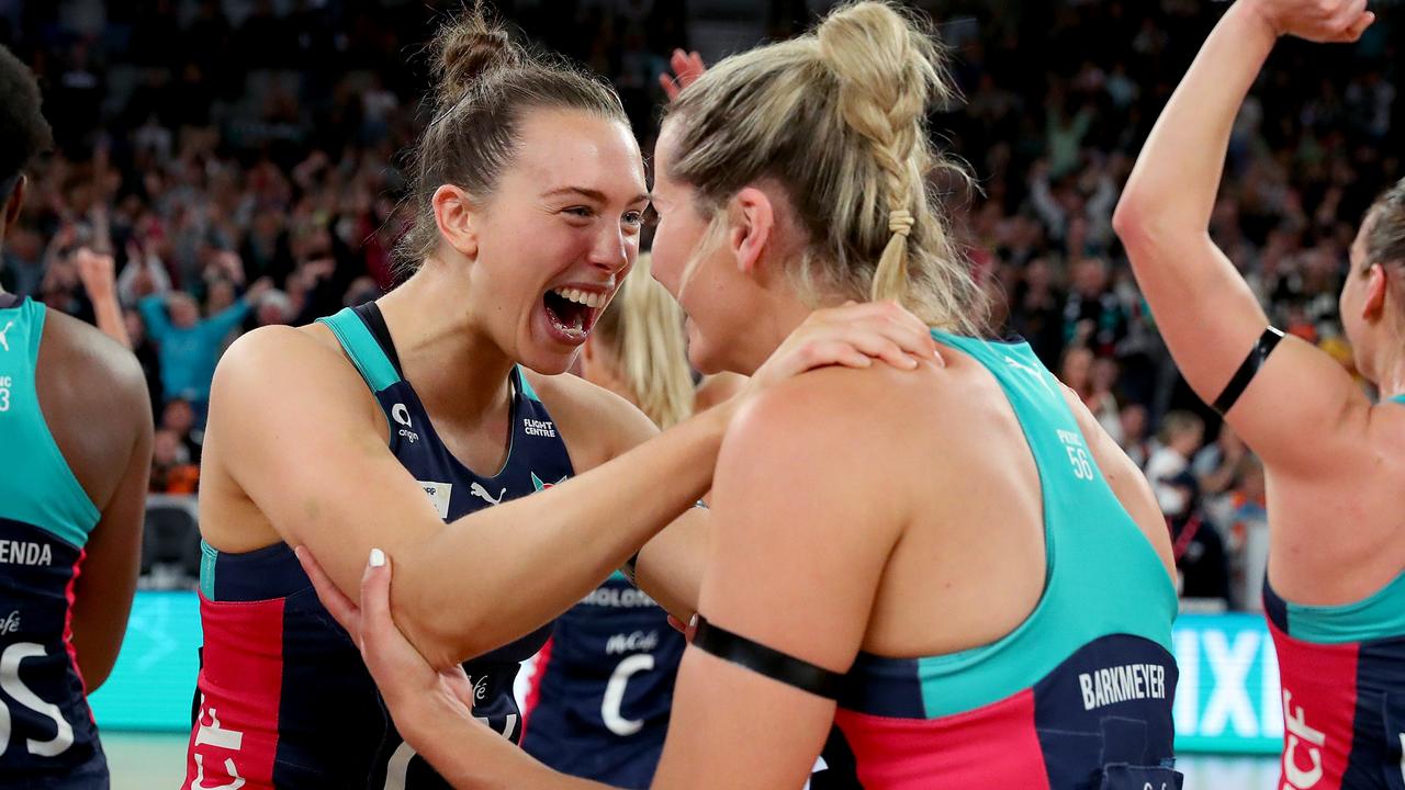 MELBOURNE, AUSTRALIA - JUNE 25: Oliva Lewis of the Vixens and Ruby Barkmeyer of the Vixens celebrate during the Super Netball Preliminary Final match between Melbourne Vixens and GWS Giants at John Cain Arena, on June 25, 2022, in Melbourne, Australia. (Photo by Kelly Defina/Getty Images)