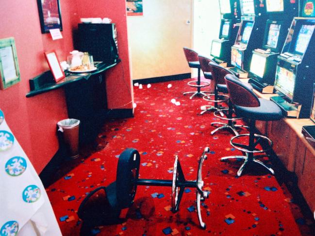 The chaos left in the gaming room as Moran fled for his life and the shooter gave chase. Picture: Craig Borrow