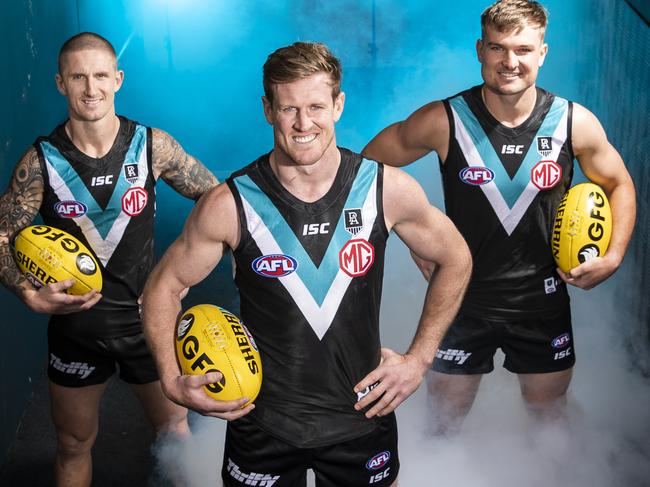 AFL - Wednesday, 30th September, 2020 - Port Adelaide get ready to start their finals campaign Thursday night against Geelong. Captain Tom Jonas with his deputies Hamish Hartlett and Ollie Wines in the Geof Motley Race at Adelaide Oval. Picture: Sarah Reed