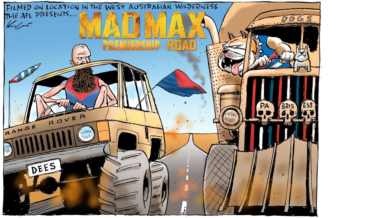 Cartoonist Mark Knight thinks the Mad Max: Fury Road movie makes a great metaphor for the Melbourne versus Western Bulldogs Grand Final in Perth.