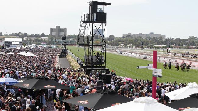 The famous Flemington straight: the most recognised piece of turf in Australian racing. Picture: Andrew Tauber